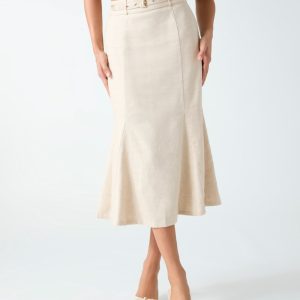 Linen-blend midi skirt