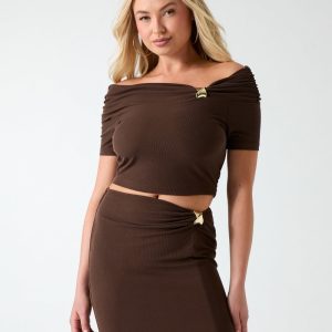 Off-shoulder draped knit top
