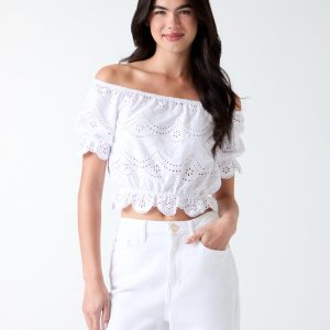 Off-shoulder eyelets top