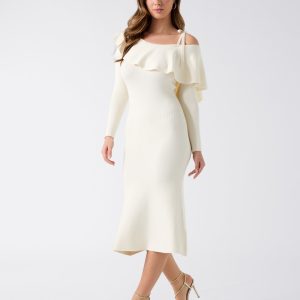 Flounced Off-Shoulder Knit Midi Dress
