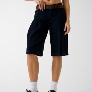 Pleated denim bermuda