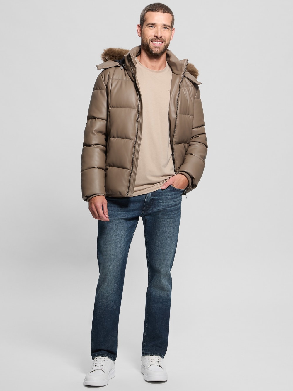 Faux-Leather Stretch Puffa Jacket - Image 2