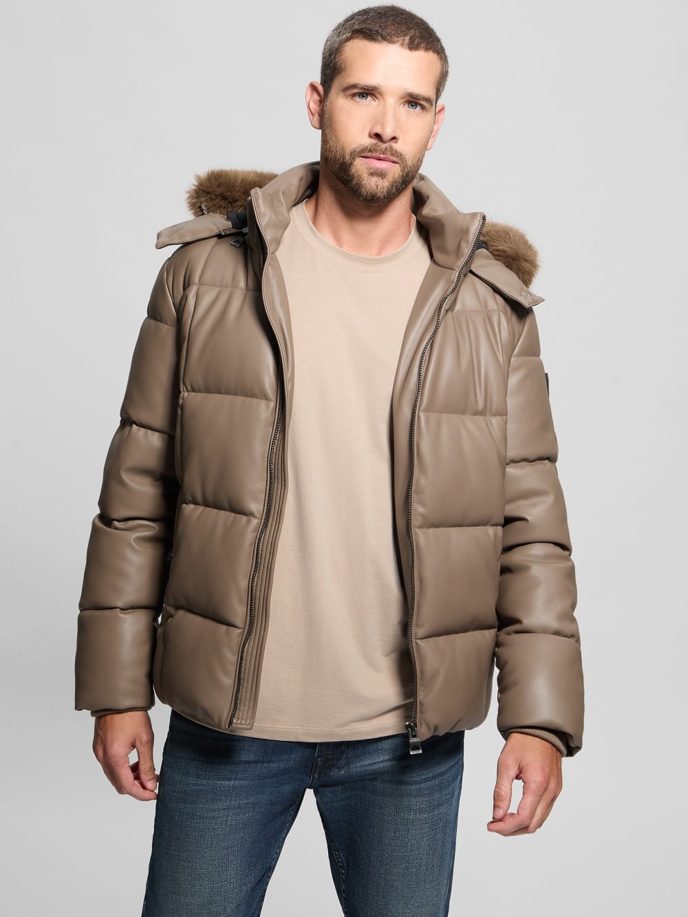 Faux-Leather Stretch Puffa Jacket - Image 4