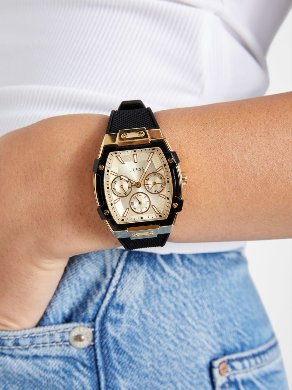 Gold-Tone and Black Silicone Multifunction Watch - Image 2