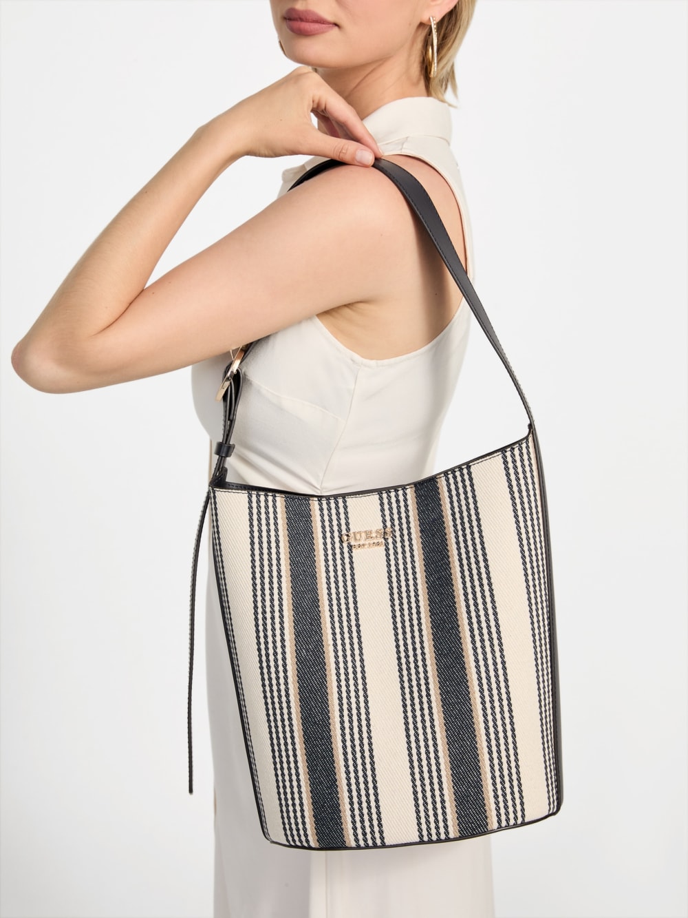Nicolette Striped Canvas Large Bucket Bag - Image 2