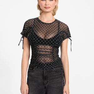 Eco Rhinestone Mesh Shirred Top
