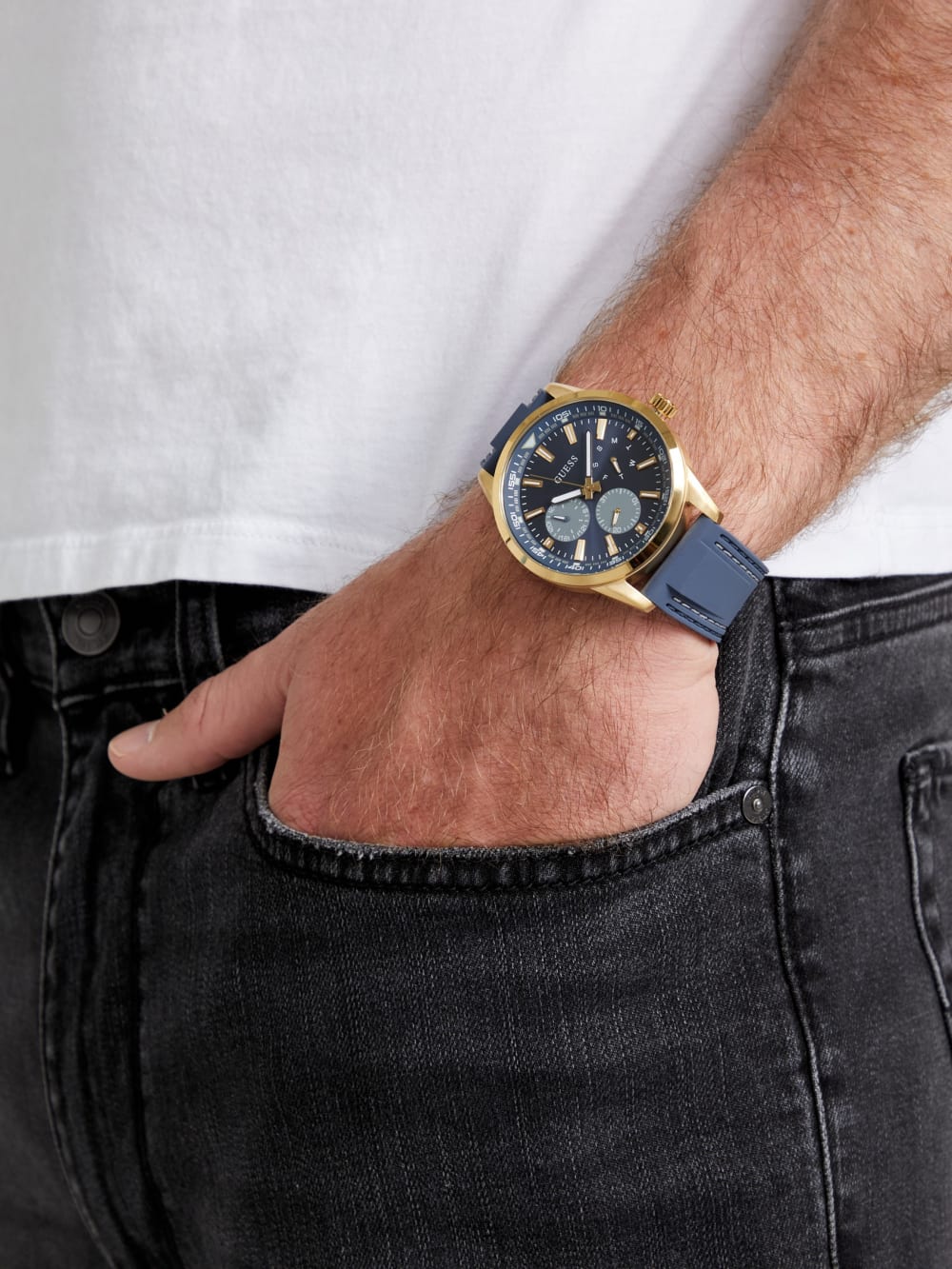 Gold-Tone and Blue Silicone Multifunction Watch - Image 2