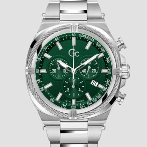 Gc Silver-Tone and Green Chronograph Watch