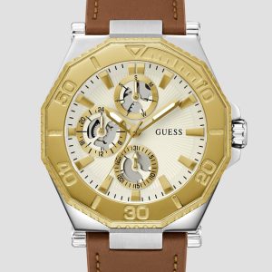 Two-Tone and Brown Leather Multifunction Watch