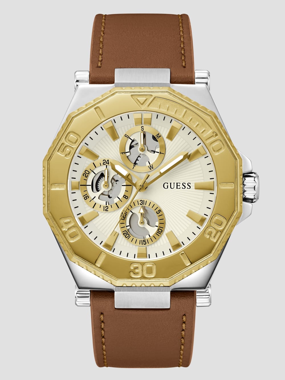 Two-Tone and Brown Leather Multifunction Watch