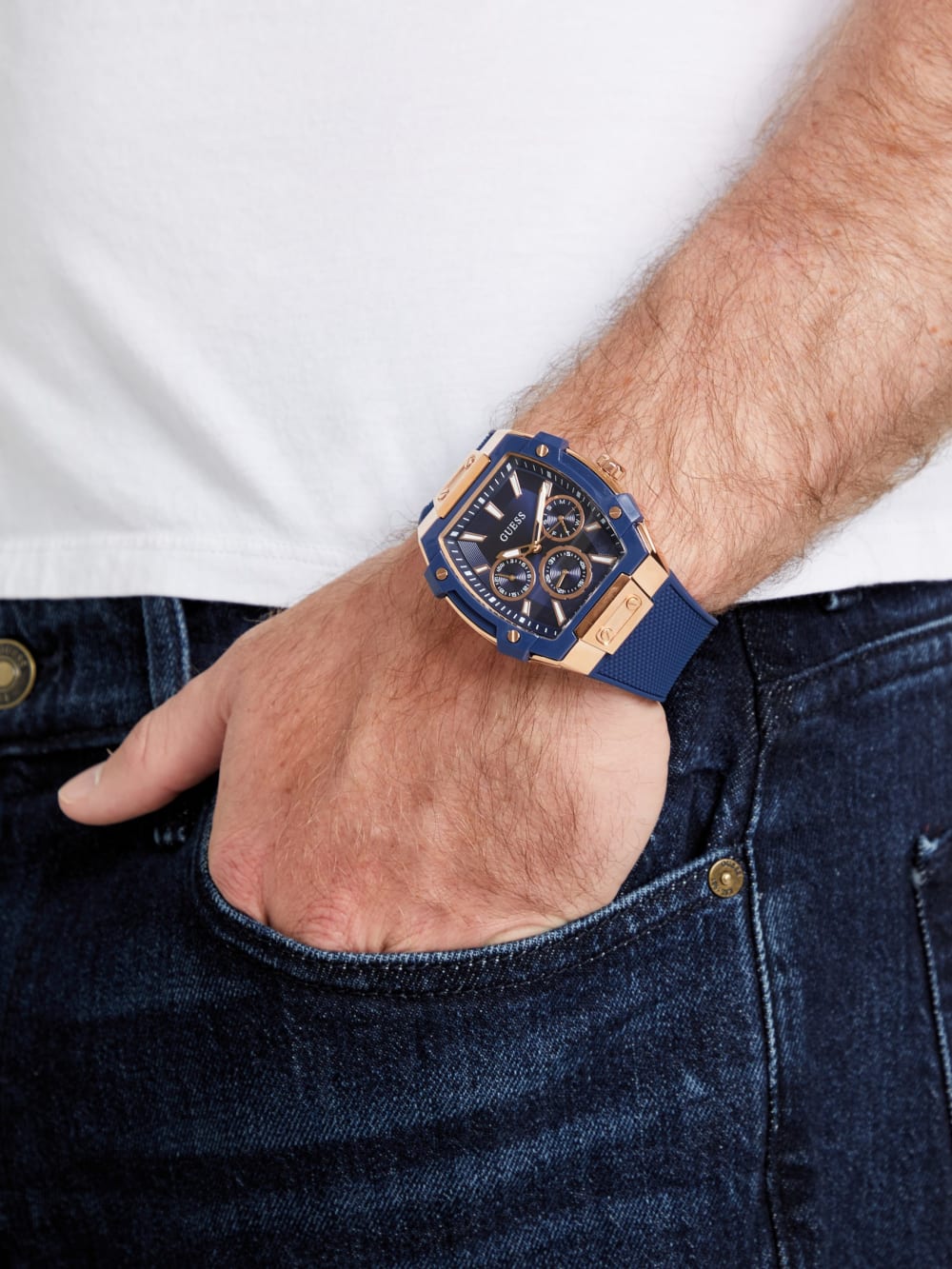 Rose Gold-Tone and Blue Silicone Multifunction Watch - Image 2