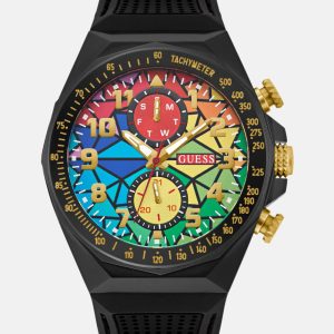 Rainbow Mosaic and Black Silicone Chronograph Watch