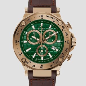 Gc Gold-Tone and Brown Leather Chronograph Watch