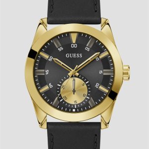 Black and Gold-Tone Multifunction Leather Watch