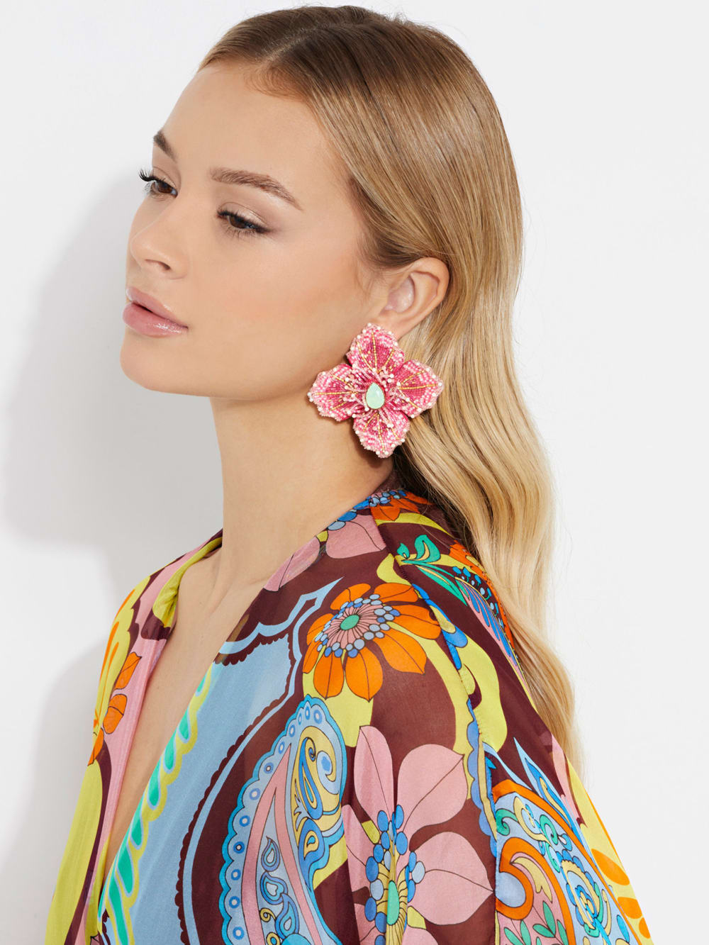 Pink Beaded Hibiscus Stud Earrings - Image 2