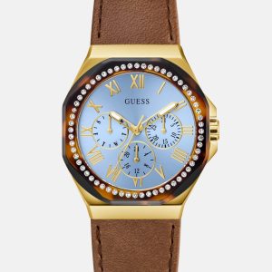 Multi-Tone and Brown Leather Multifunctional Watch