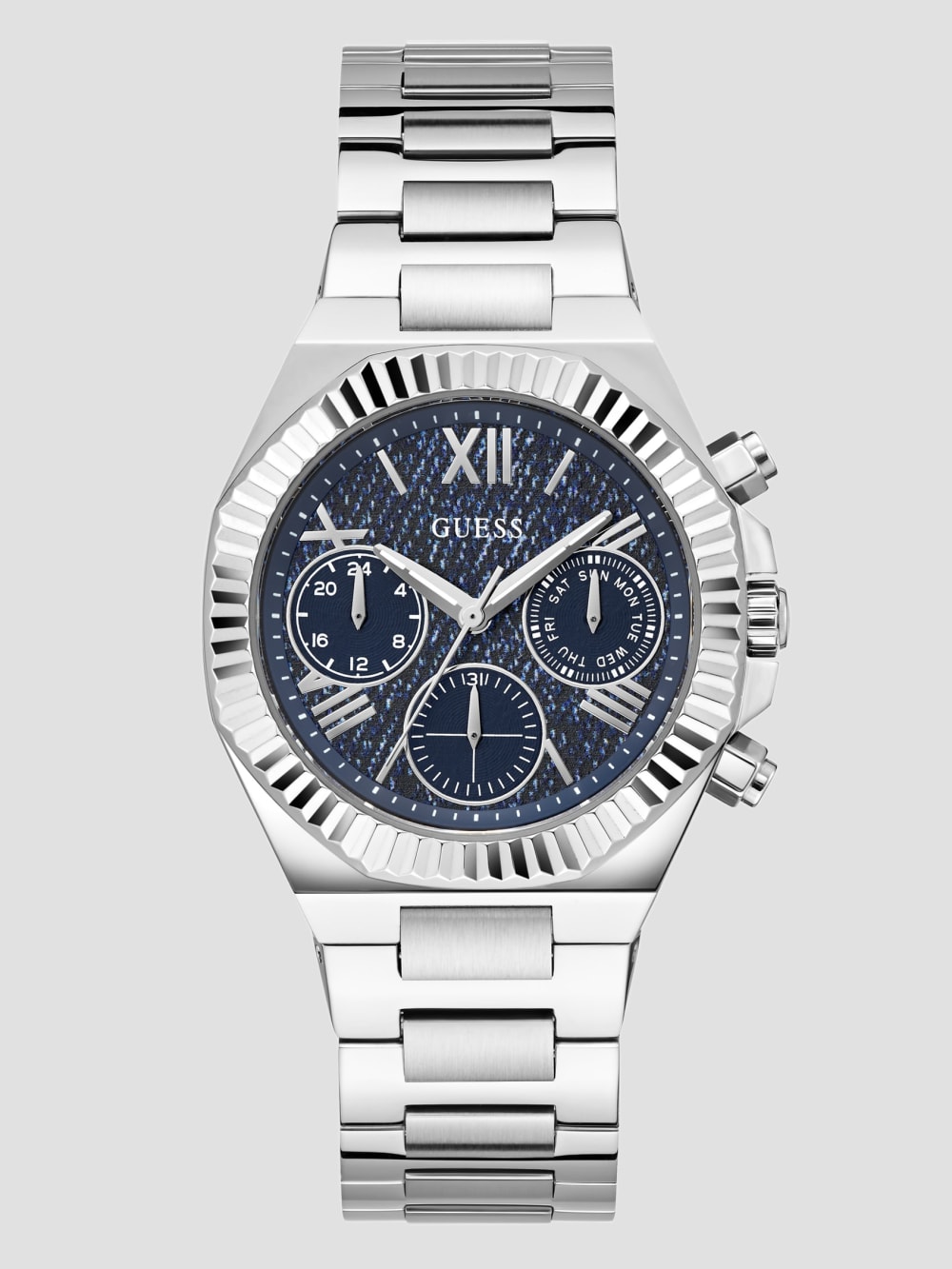 Silver-Tone and Denim Multifunction Watch