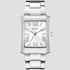 Silver-Tone Crystal Square Analog Watch