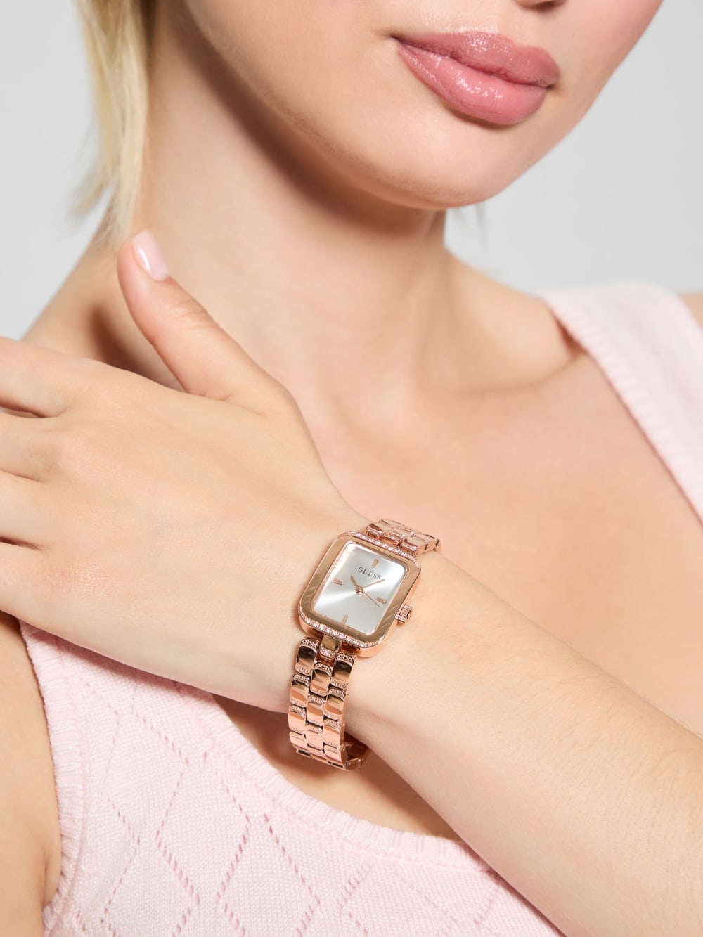Rose Gold-Tone Textured Square Analog Watch - Image 2