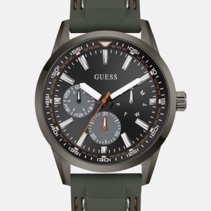 Dark Silver-Tone and Green Silicone Multifunction Watch