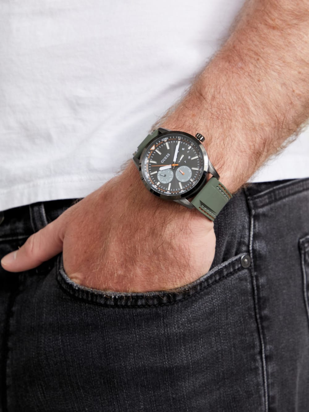 Dark Silver-Tone and Green Silicone Multifunction Watch - Image 2