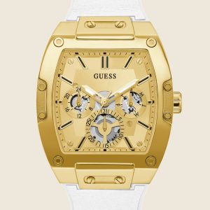Gold-Tone and White Rectangular Multifunction Watch