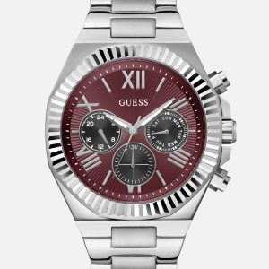 Silver-Tone and Maroon Multifunction Watch