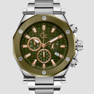 Gc Silver and Green-Tone Metal Chronograph Watch