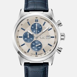Silver-Tone Multifunction Leather Watch