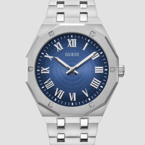 Silver-Tone and Blue Octagonal Analog Watch